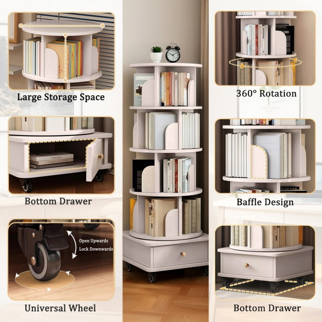 5-Tier Rotating Bookshelf with Drawer, 360° Spinning Corner Bookcase, Narrow Space-Saving Floor Standing Storage Rack for Bedroom, Living Room, White