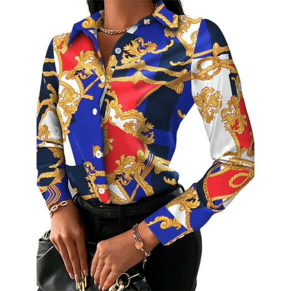 hirigin Women Fashion Wild Shirts Chain/Floral/Letter/Geometric Square Print Turn-Down Collar Long Sleeve Blouses Streetwear