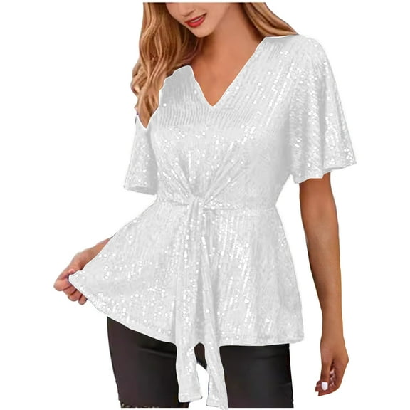 Puntoco Women tops for Summer 2025 Clearance Women's Sparkly Sequin Tops Peplum V Neck Tie Front Short Bell Sleeve Shirts Glitter Blouses Dressy Party Top White 12(XL)