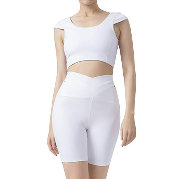 Womens White High Waist Short Yoga Set With Crop Top, Bra, And