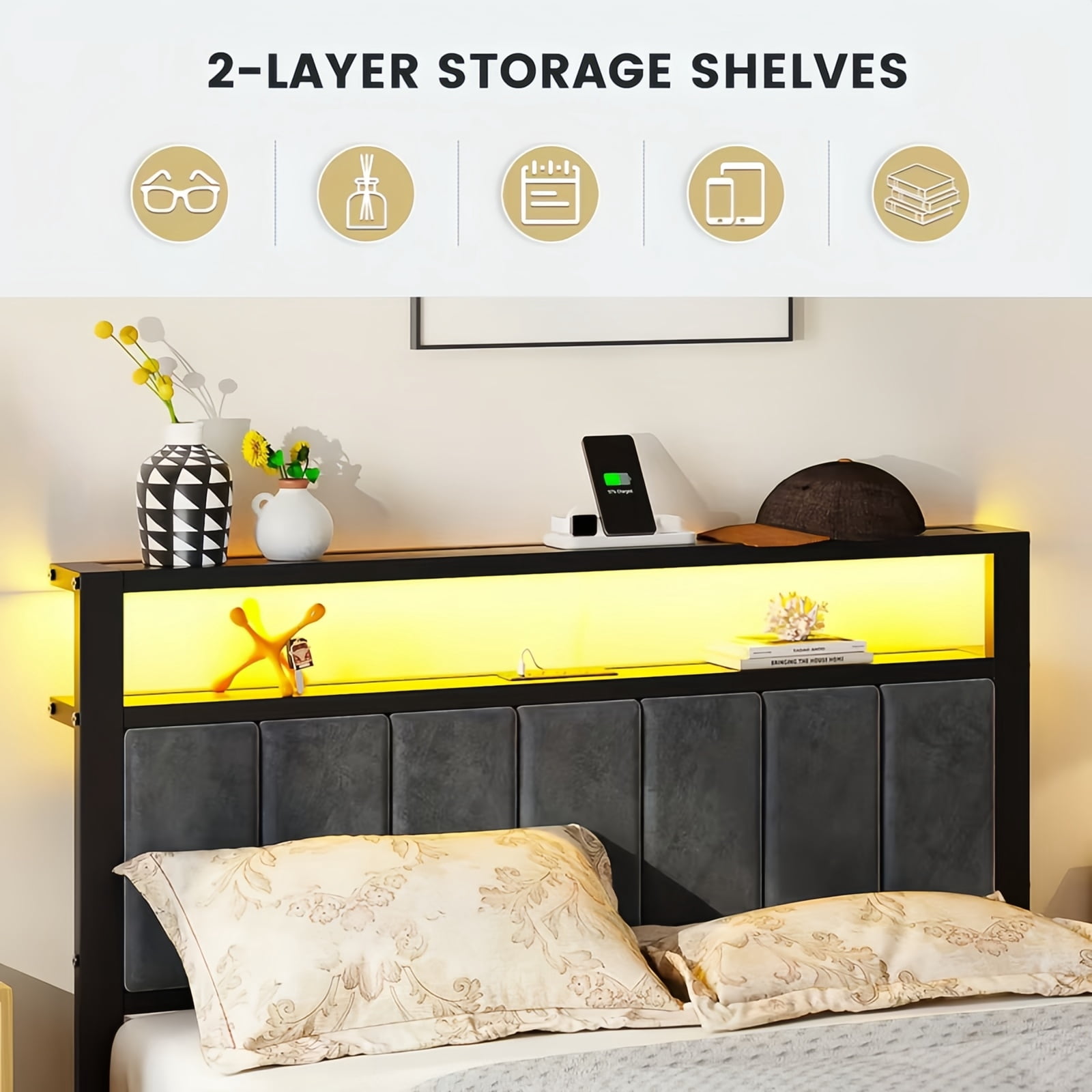 Kbun Queen Size Bed Frame with Headboard Storage Metal Platform Bed with Charging Station, Upholstered Tufted Storage Headboard,Noise-Free, No Box Spring Needed, Easy Assembly, Rustic