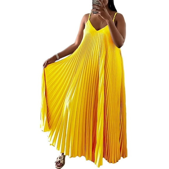 Summer Dress,Women's Spaghetti Strap Pleated Straight Flowy Long Maxi Cami Dress