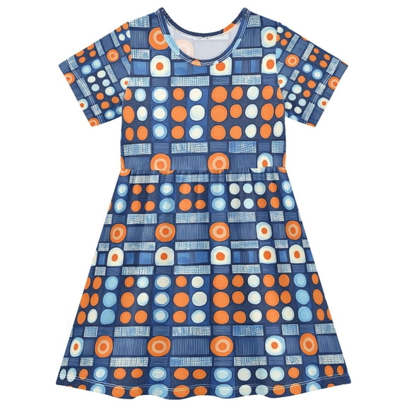 FORMRS Girls Short Sleeve Dress Summer Casual Round Neck A-line Beach Sundress, Sizes 2T-8T, Modern Color Circle