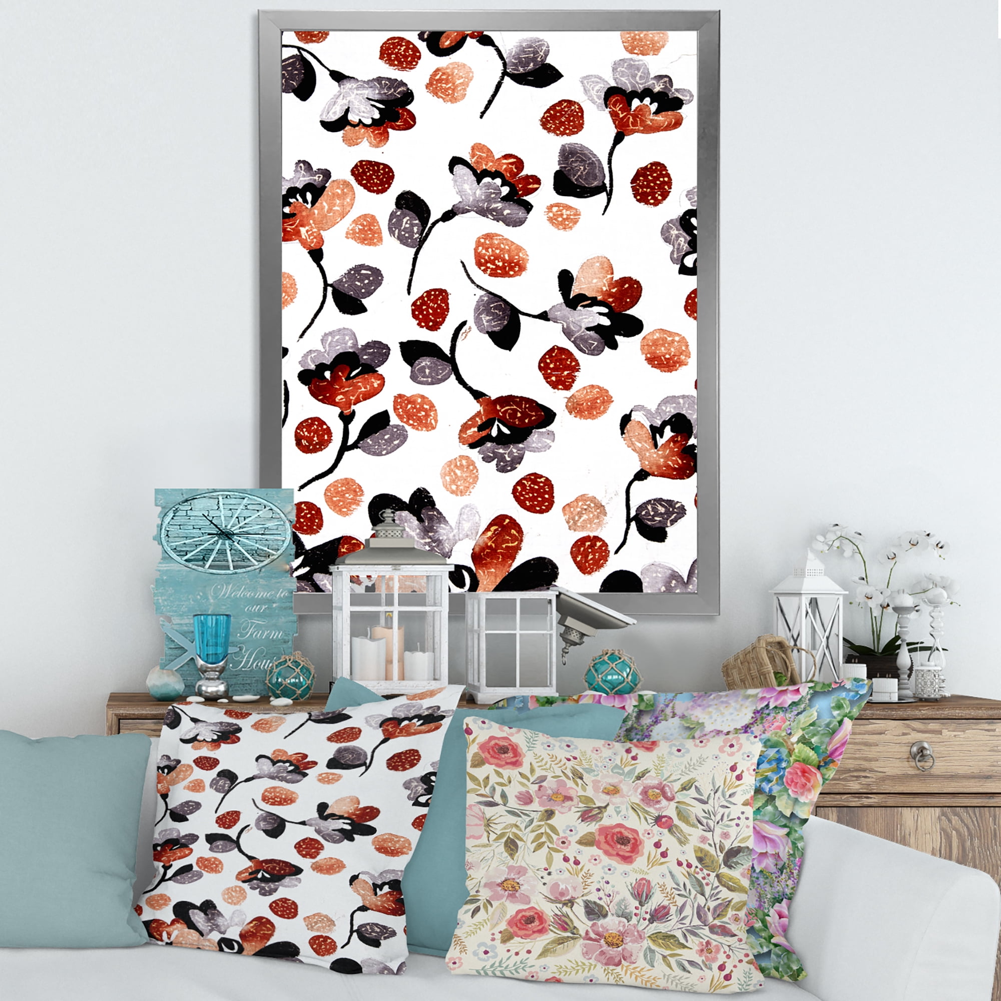 Designart 'Modern Flower In Red Blue and Orange' Bohemian & Eclectic Framed Art Print