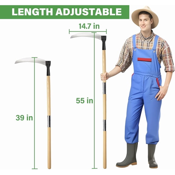 Solid Wood Long Handle Weeding Sickle, 32cm Extended Blade for Efficient Weed & Brush Clearing, 3-Section Adjustable Length, Heavy Duty Gardening Tool for Yard, Garden, Field and Ditch