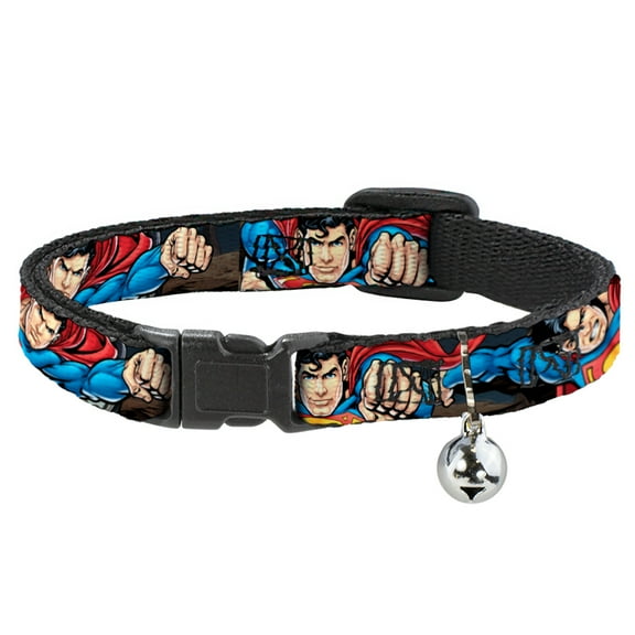 DC Comics Breakaway Cat Collar With Bell, Plastic Clip, Easy Adjustable, Superman Metropolis Face Off, 8.5 to 12 Inches 0.5 Inch Wide