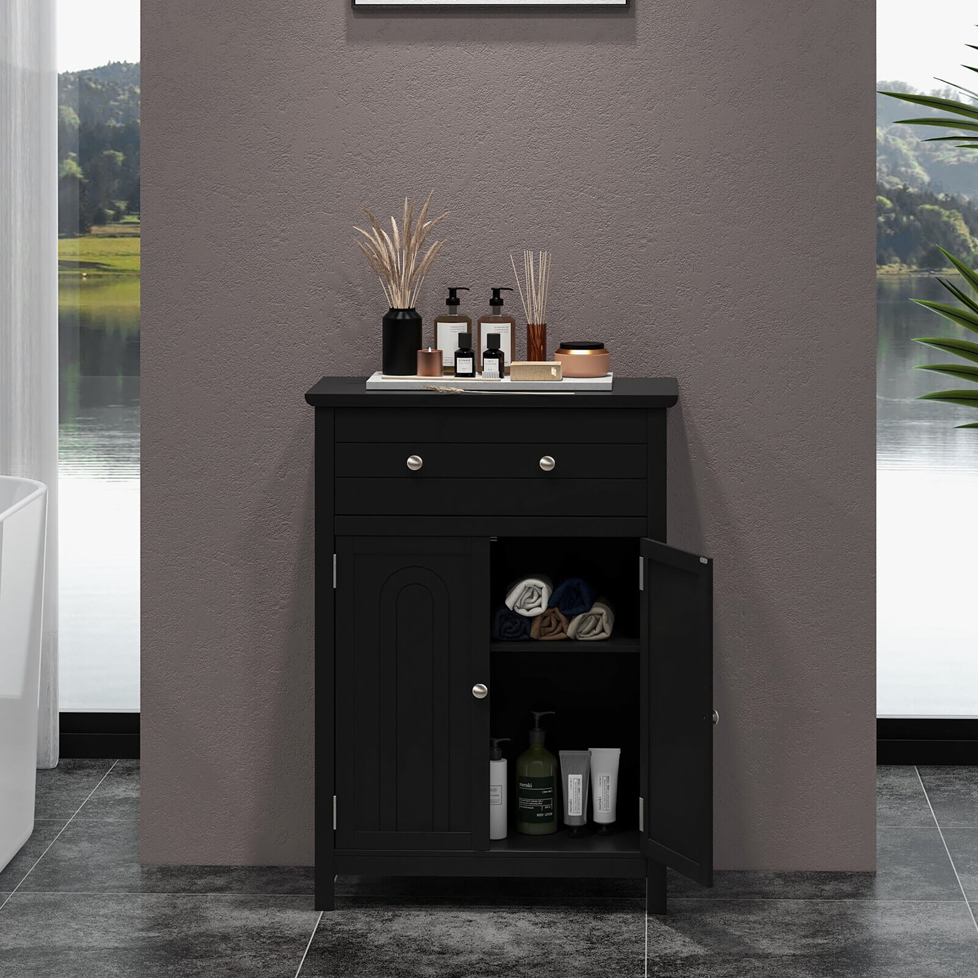 Gymax Bathroom Floor Cabinet Wooden Storage Organizer with Drawer & Doors Blcak