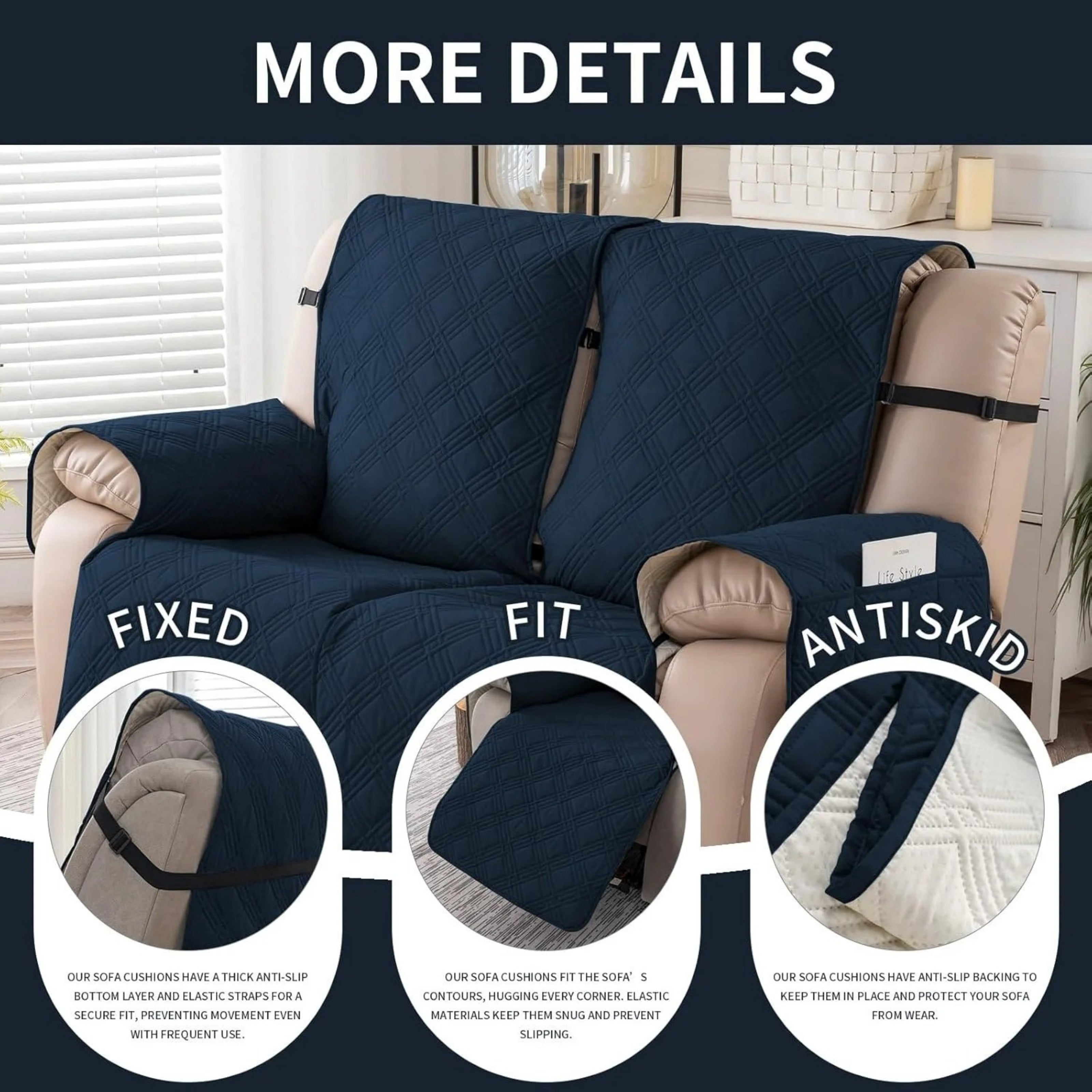 Lavish Cover 100% Waterproof Recliner Loveseat Cover, 2 Pieces Non-Slip Recliner Couch Slipcovers, Washable Furniture Protector with Pockets & Elastic Straps for Kids Pets, 2 Seaters, Dark Blue