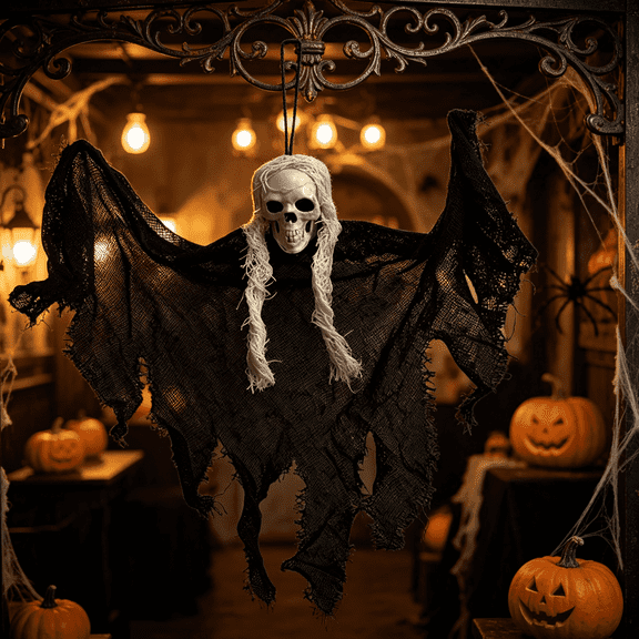 Halloween Skull Hanging Ghost Ornaments 13.8in Tattered Cloth Spooky Pendant Props ,Indoor Outdoor Ghost House Seasonal Decor Multi‑color Options
