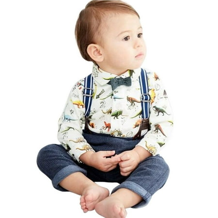 

Toddler Baby Boys Dinosaur Gentleman Bowtie Shirt Romper+Suspenders Pants Set