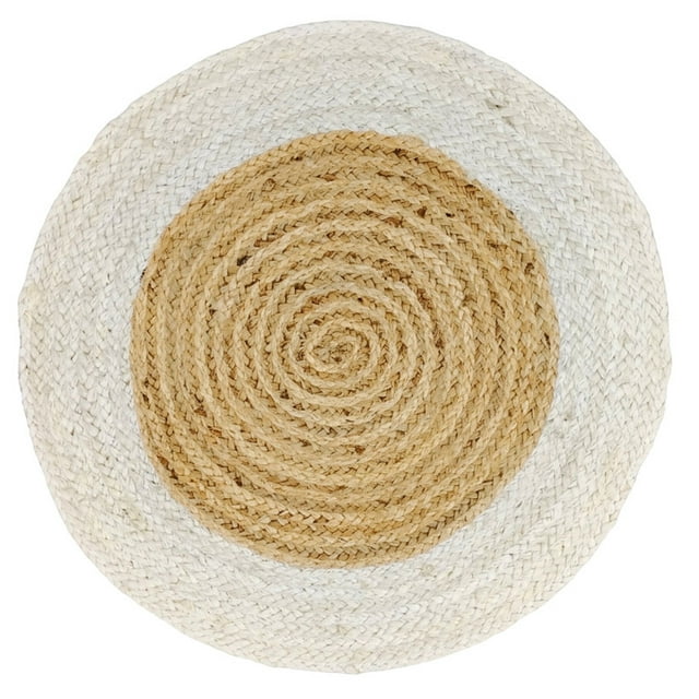 4 Ft Round White & Natural Jute Area Rug, Hand-Woven, Reversible, Farmhouse Boho Style, Durable & Pet-Friendly Rug for Living Room, Dining Room, and Bedroom