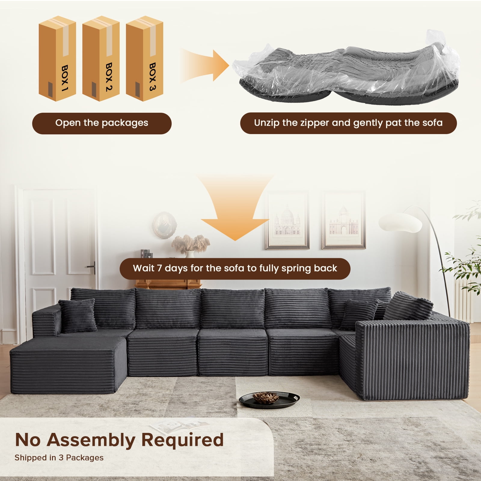 Cozylore 128.3" Oversized Modular Sectional Sofa 7 Seater U Shaped Upholstered Couches Cloud Couch with Deep Seat for Living Room, No Assembly Required, Gray