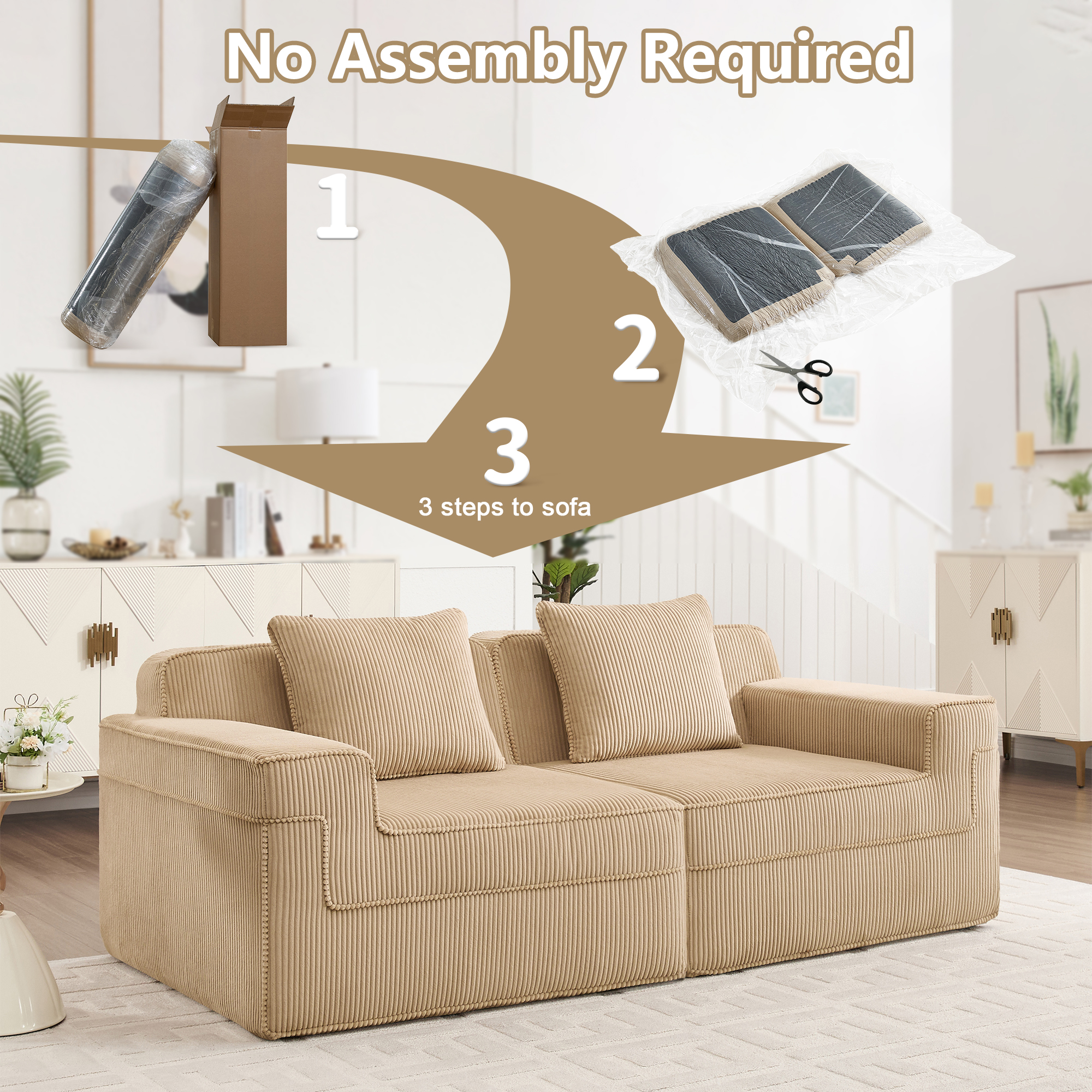 Modular 2 Seat Loveseat Boneless Sofa, Cloud Sectional Couch with Deep Seat, Modern Modular 2-Seat Sofa Couch with Throw Pillows Corduroy Fabric Camel