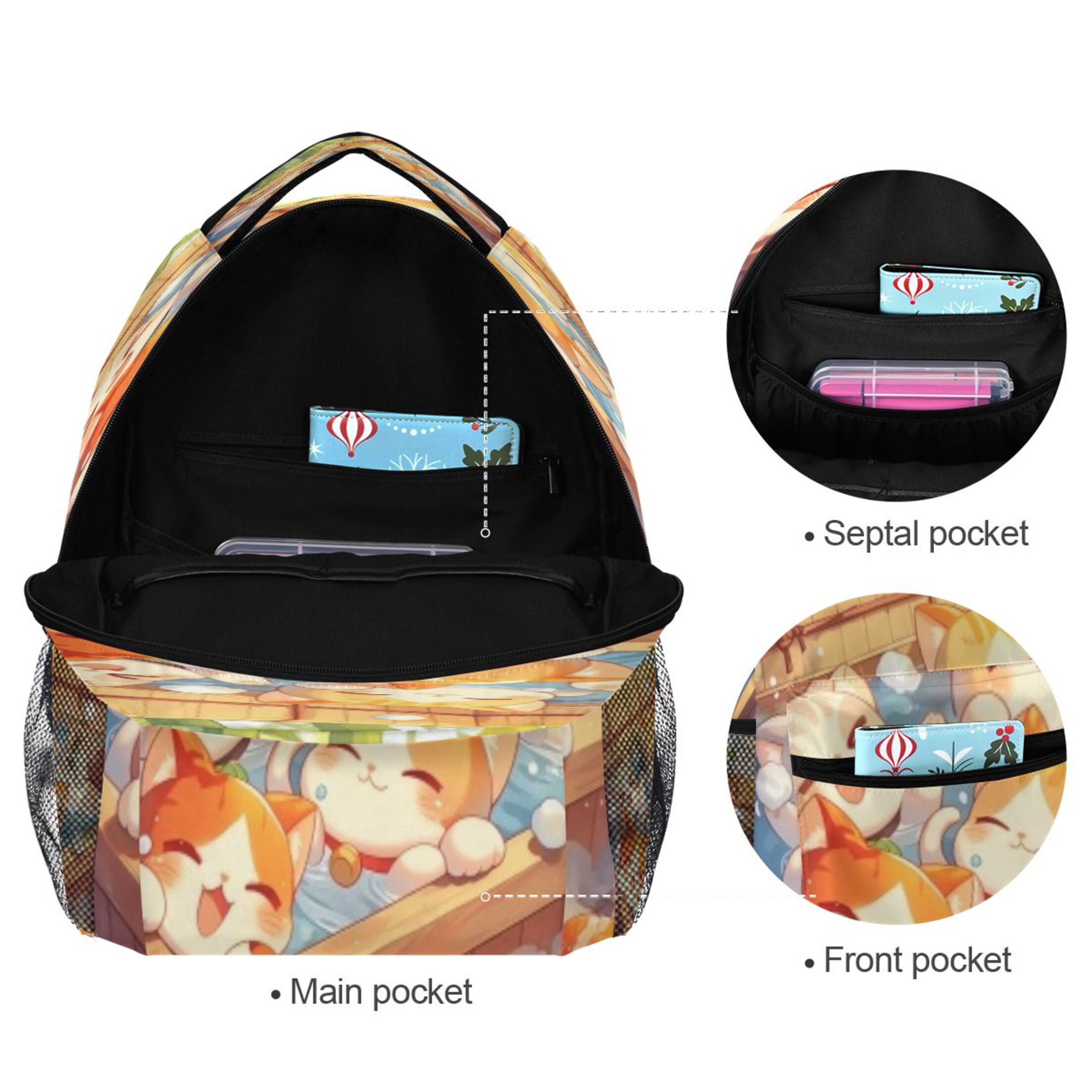DIXRUYEE Backpack Schoolbag Onsen Cats Bubbles Pattern 15L/18L 2-SIZE