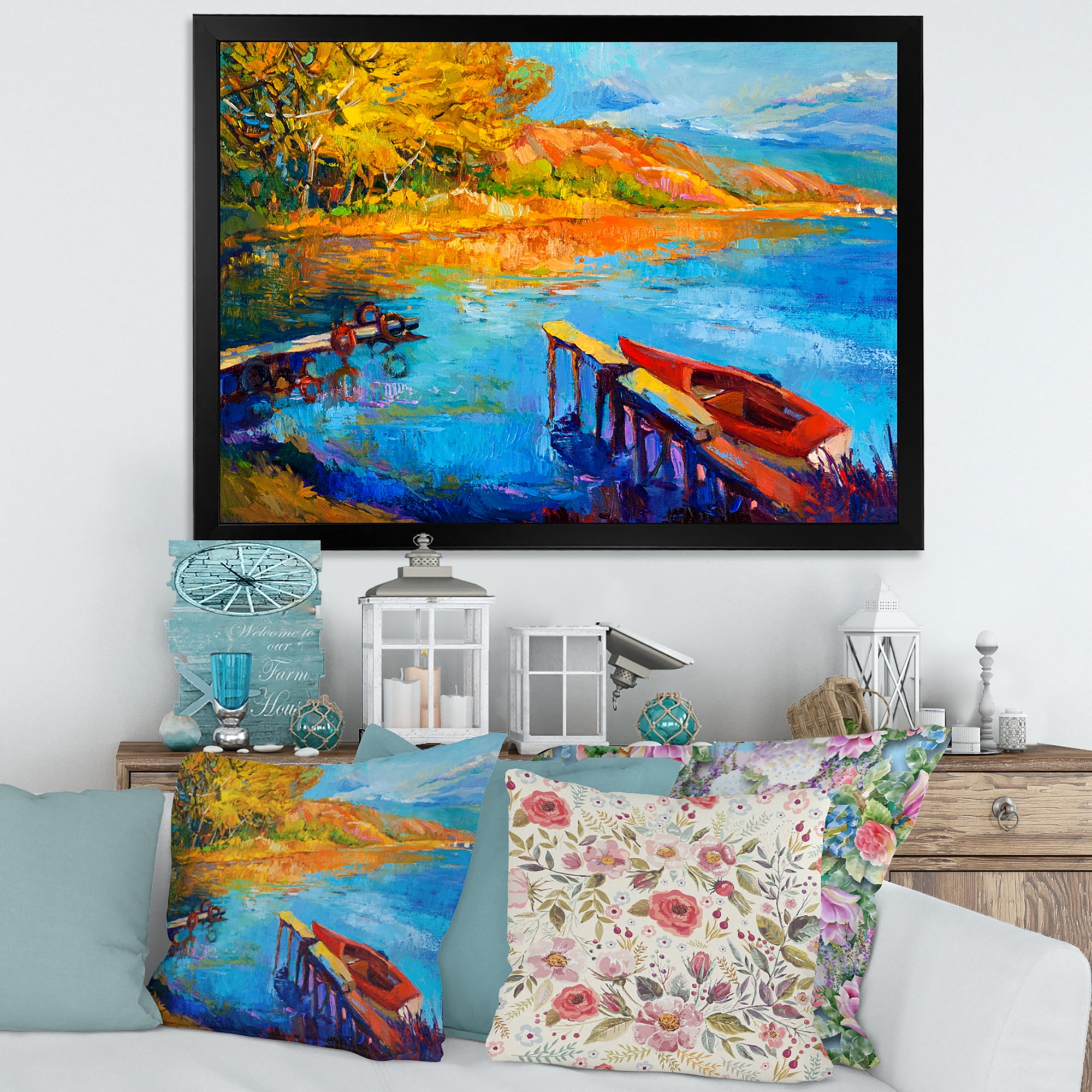 Designart 'The Lake At Sunset Evening Glow II' Lake House Framed Art Print