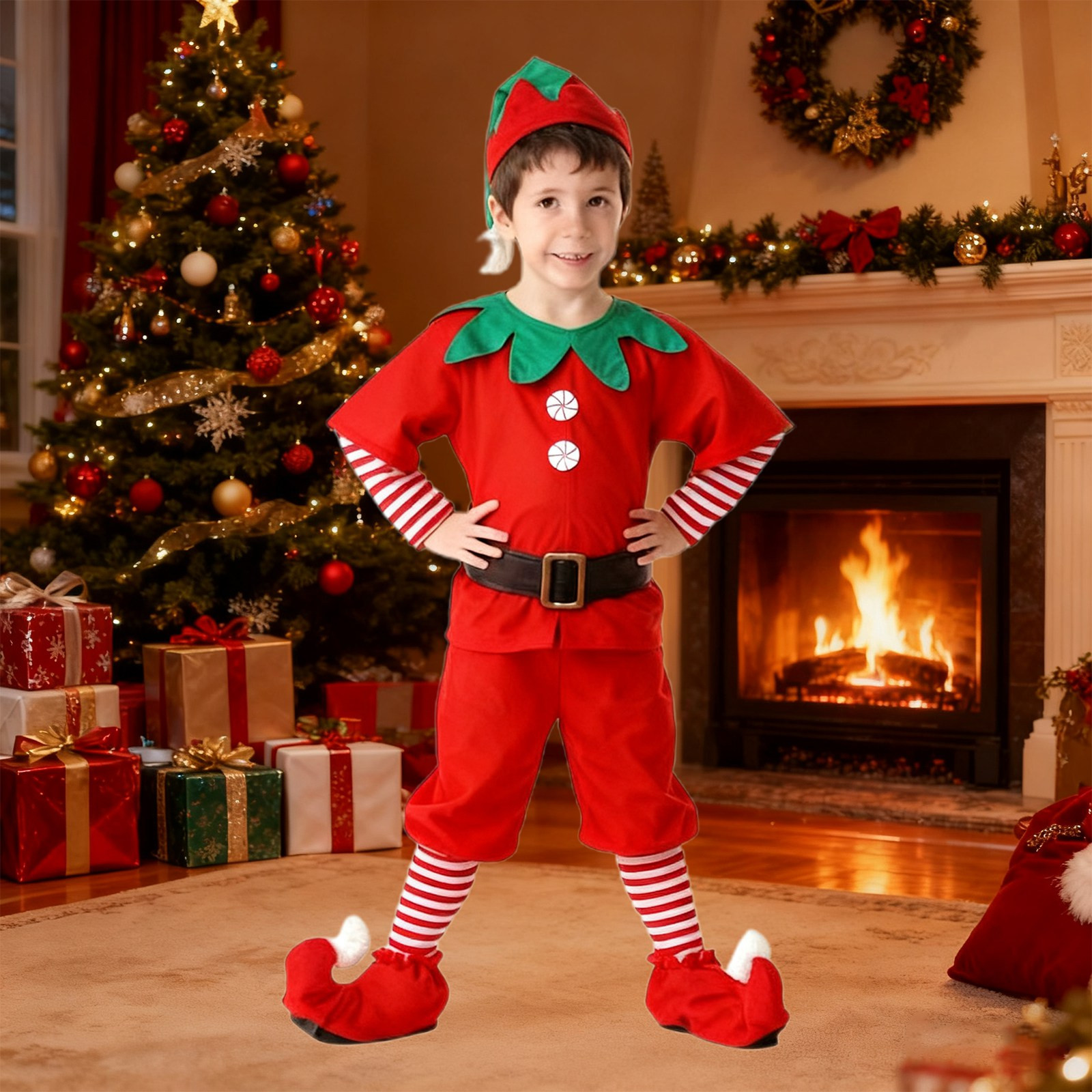 DHFJKG Christmas Elf Outfit For Family Matching Boys Long Sleeve Turndown Collar Top Pants With Hat Boots 4 Piece Sets Comfort Perfomance Wear