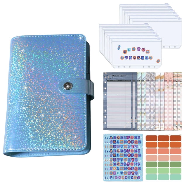Carpeta organizadora portátil de cuero sintético A6, carpeta con sobres y hojas de presupuesto. Azul