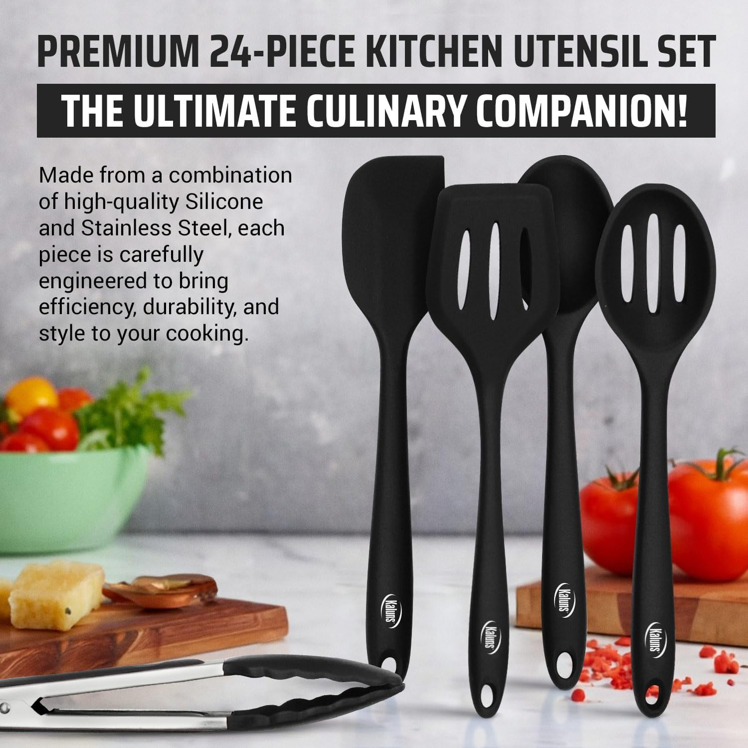 Kaluns Silicone Cooking Utensils Set 24 Pcs - Premium Heat Resistant Cooking Set & Kitchen Essentials - Non-Stick Kitchenware with Stainless Steel Handles