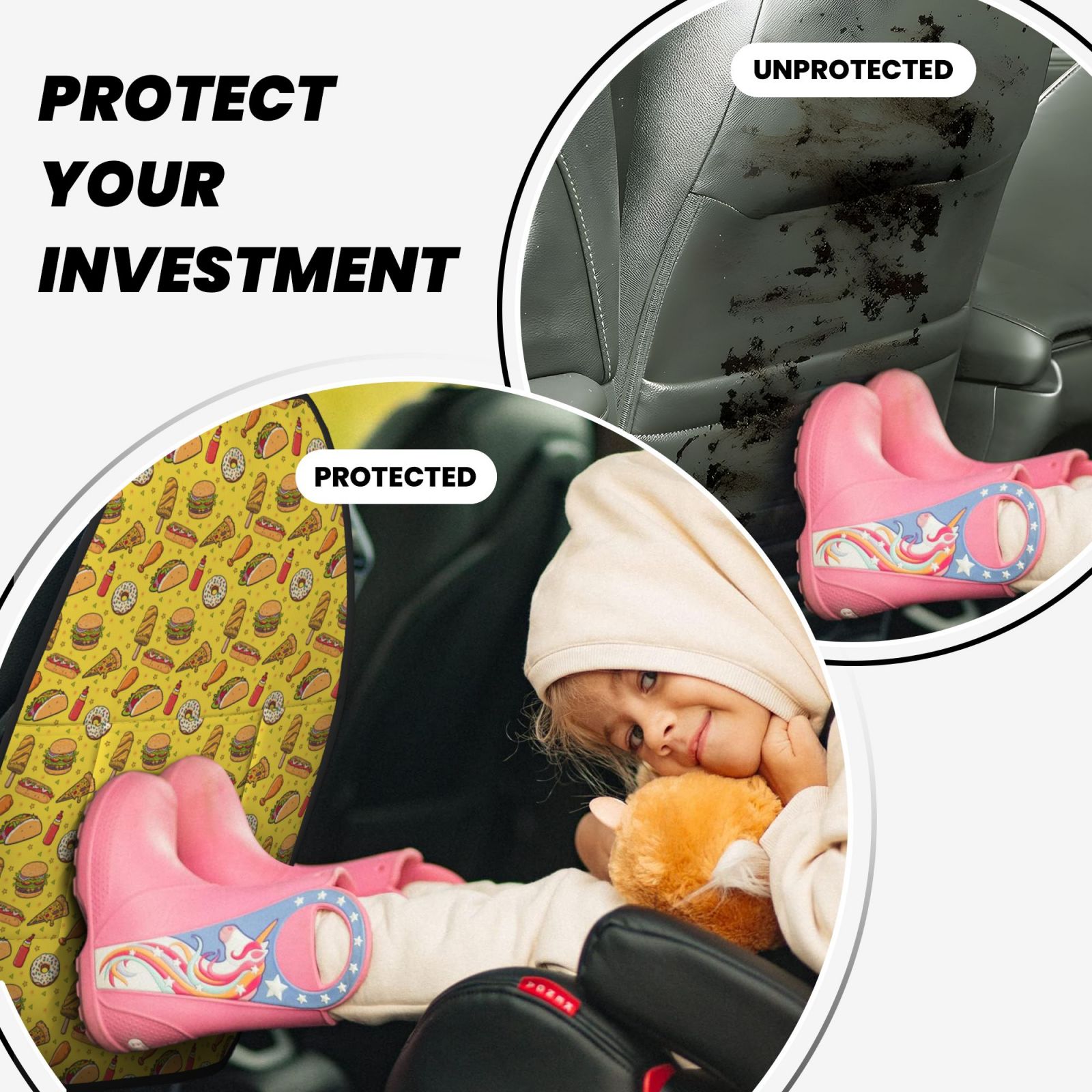 Naloa Fast Food 1 2Pcs Anti-Kick Back Seat Cover Kick Mat, Car Seat Protector with 3 Storage Pockets