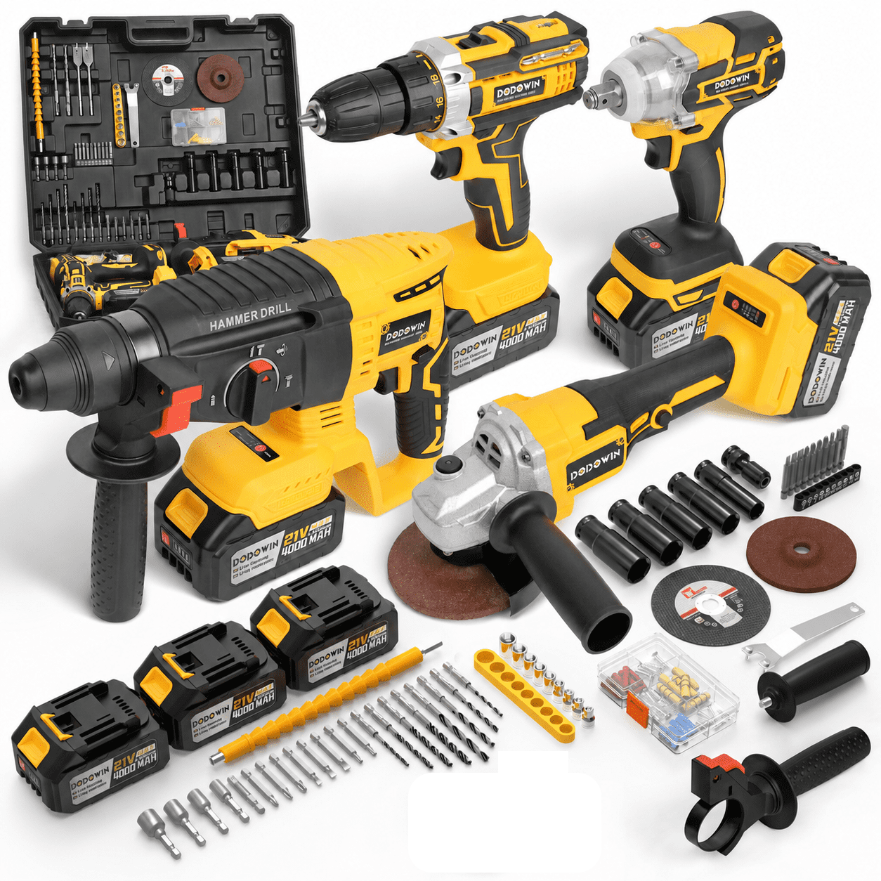 Cordless 4‑Piece Power Tool Combo Kit with Drill, Impact Wrench, Hammer Drill, and Angle Grinder, 3 Batteries and Charger, Home Maintenance Tool Set
