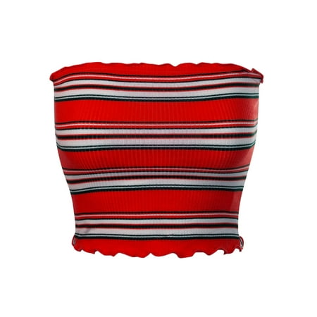 MixMatchy Women's Striped Print Ruffled Edge Crop Tube Top