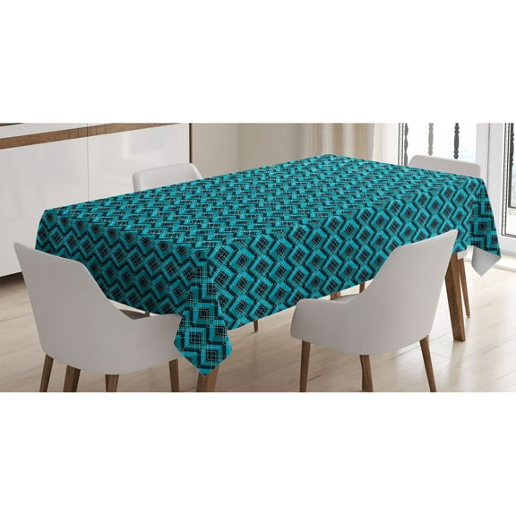 Abstract Tablecloth, Illustration of Complex Geometric Patterns Successive Intertwined Squares, Rectangle Satin Table Cover for Dining Room and Kitchen, 60" X 84", Dark Teal and Teal, by Ambesonne