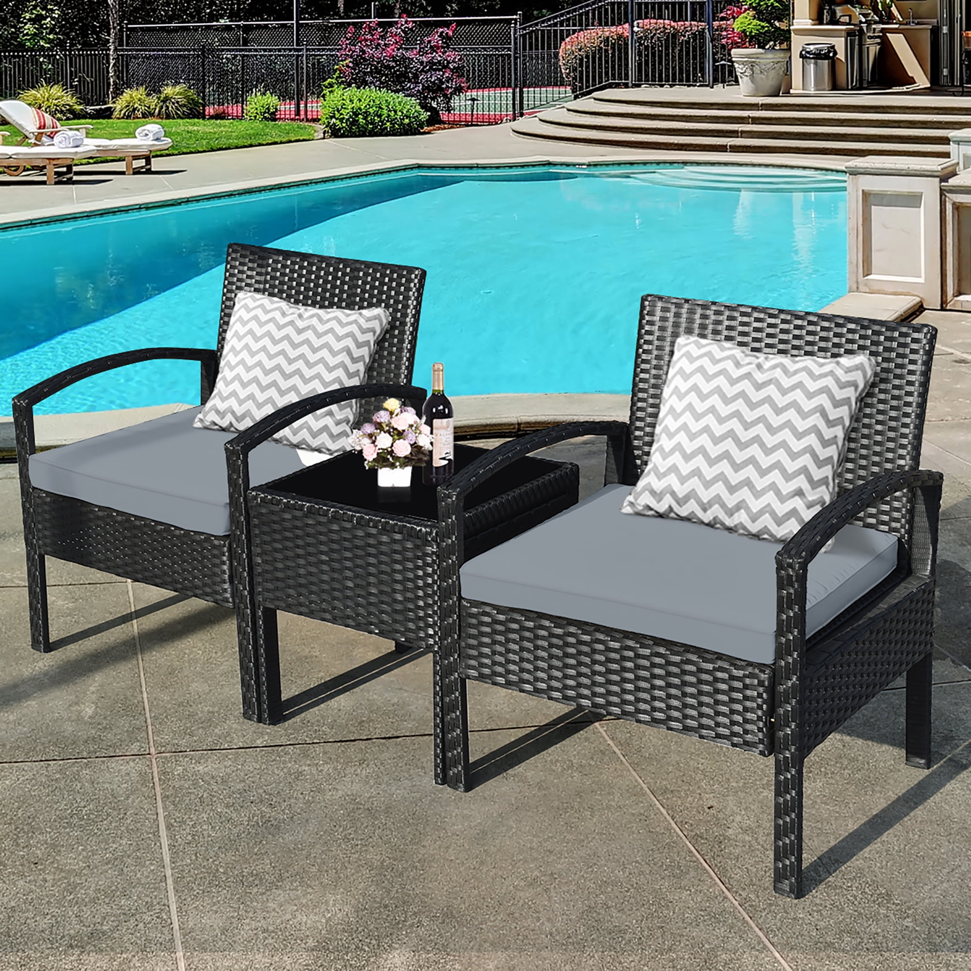 Costway 3PCS Patio Rattan Furniture Set Coffee Table Conversation Sofa Cushioned Gray