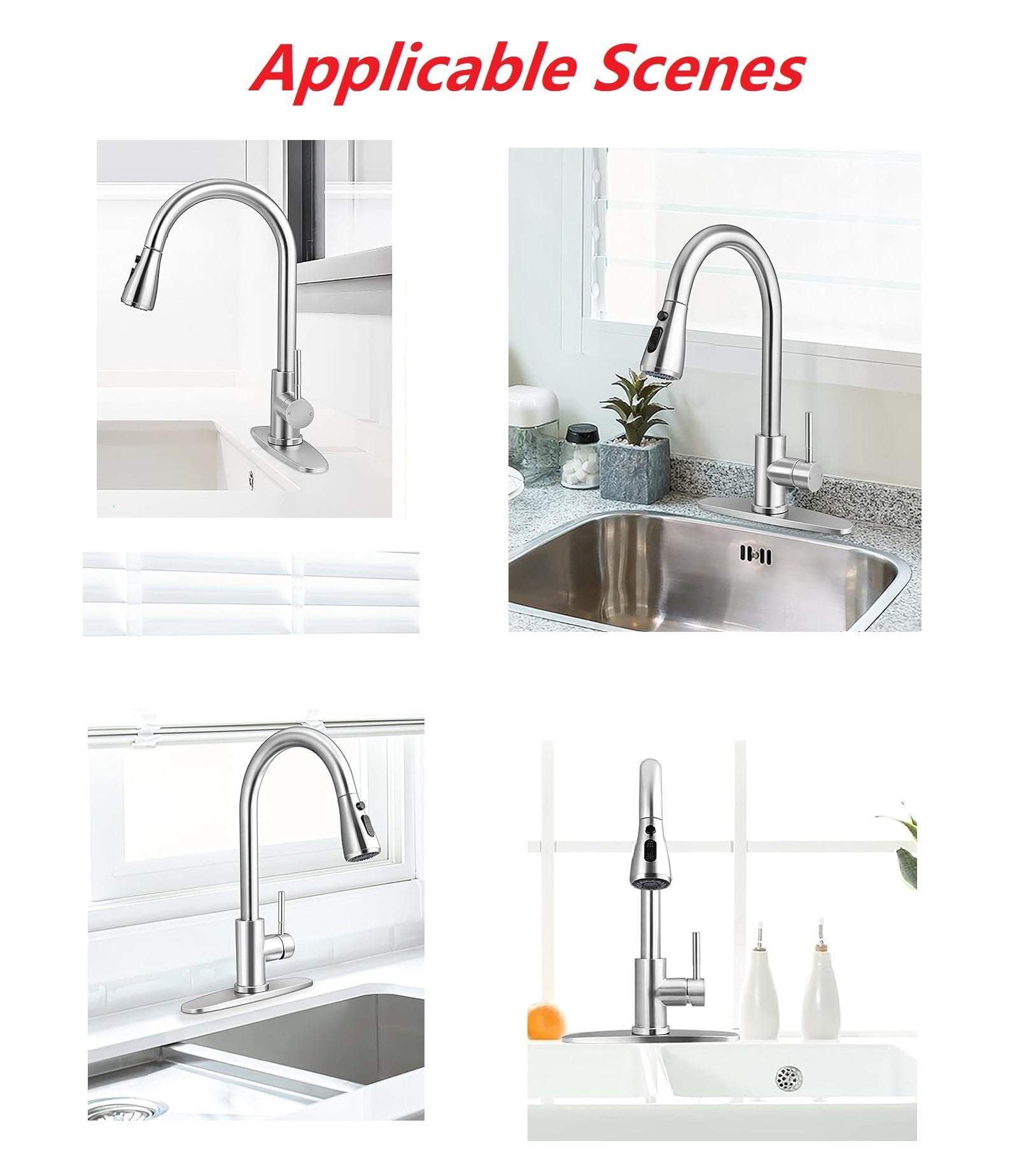 Kitchen Sink Faucet Brushed Nickel with Pause Button, High Arc Single Handle Kitchen Sink Faucets with Pull Down Sprayer Mix Hot and Cold Water with Deck Plate, Suit to 1 or 3 Holes