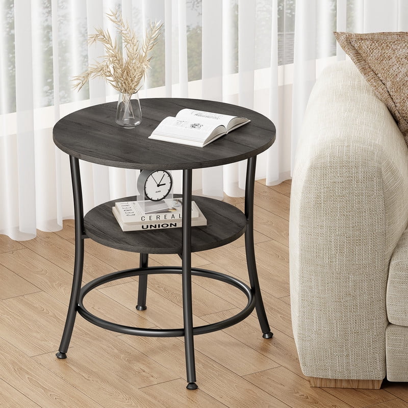 Gianna 2-Tier Round Side Table，Space-Saving End Table for Small Living Room & Bedroom，Wood Grain Gray