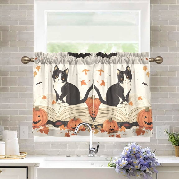 Yayeee Kitchen Curtains Tier Pair Light Filtering 27"x36" Rod Pocket Short Cafe Window Panel, Gray Cartoon Halloween Cat