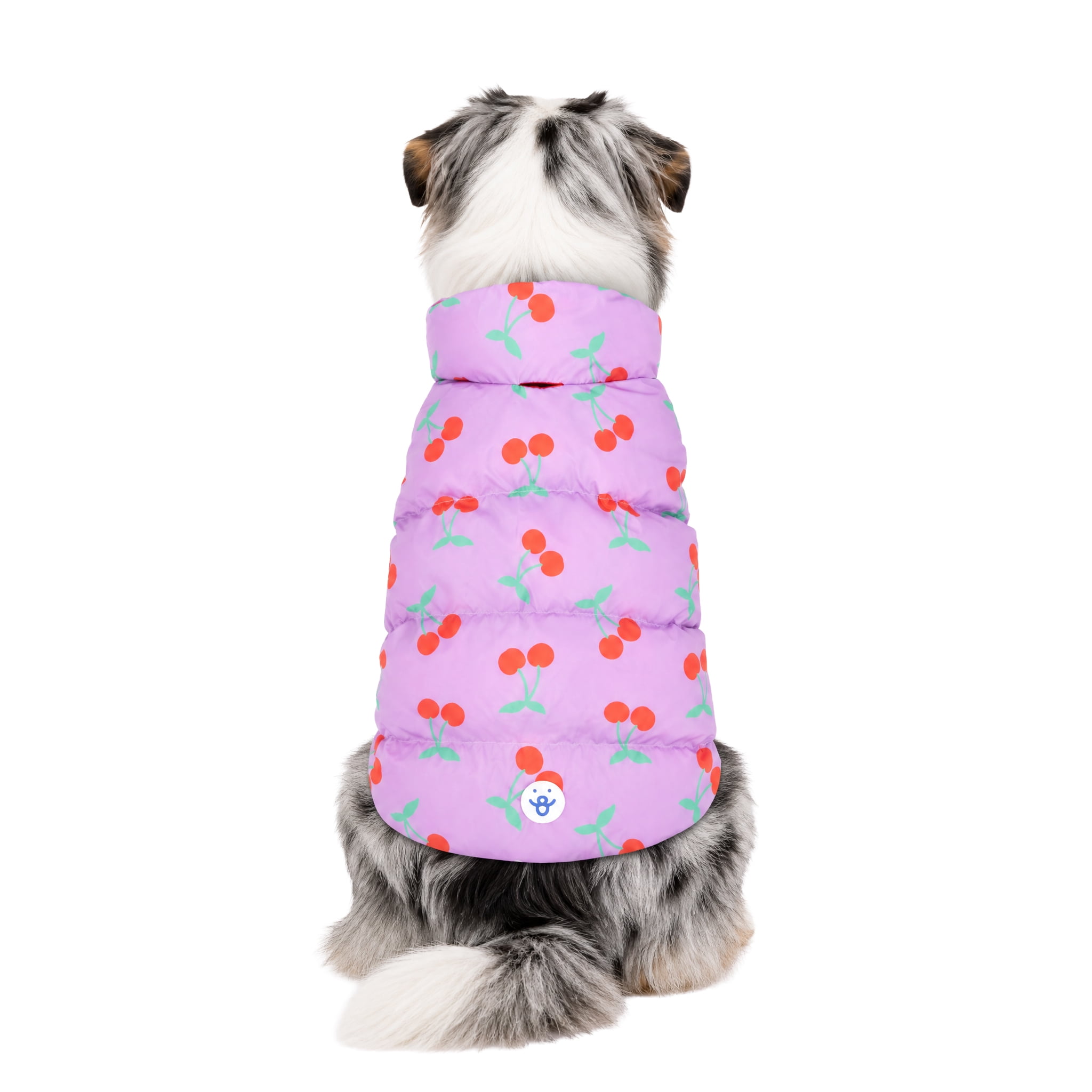Oodles Cherry Print Quilted Puffer Fall Dog Jacket, Purple, Large