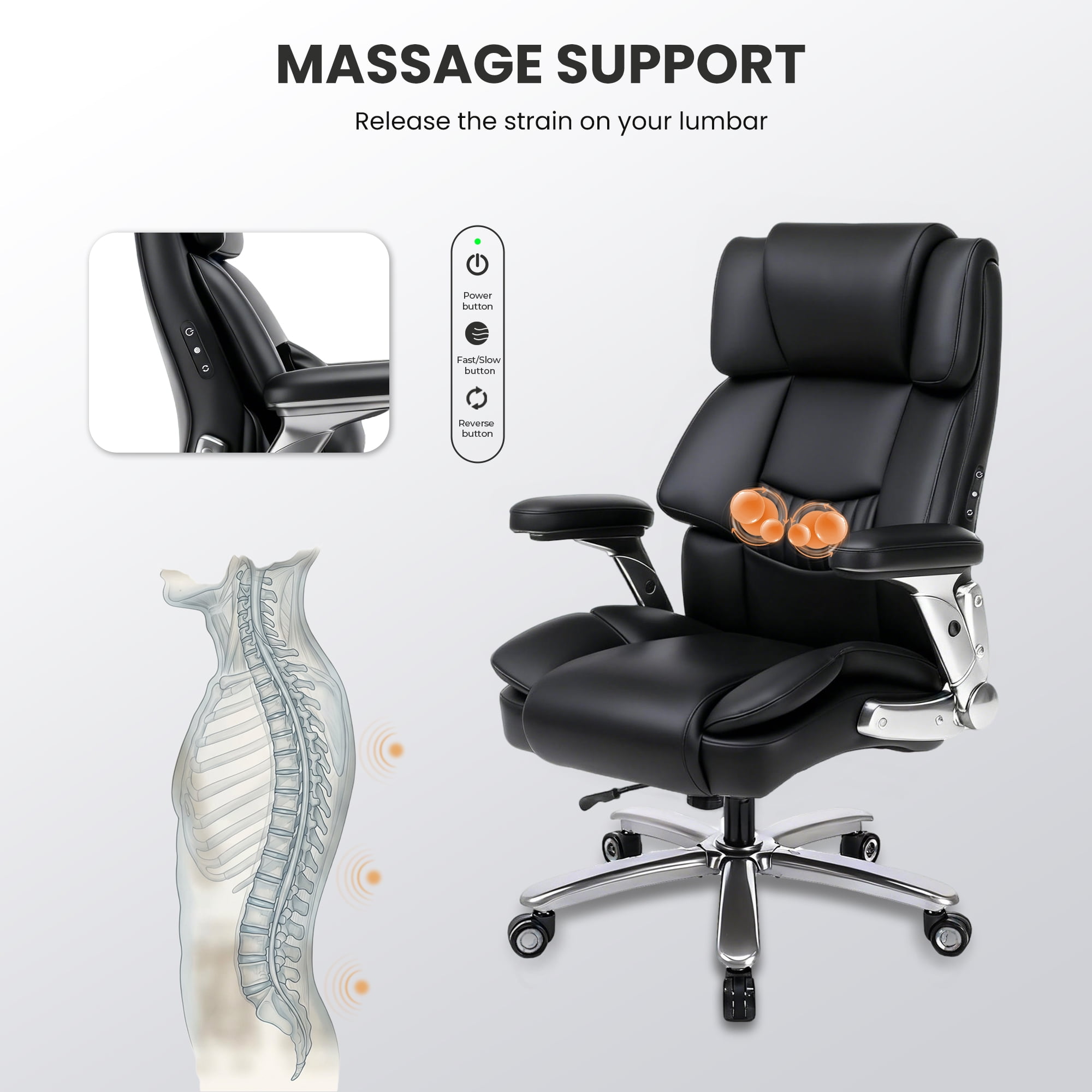 EOP 600LBS Big and Tall Heavy Duty Office Chair, Ergonomic Massage Desk Chair with 4D Adjustable Armrests, PU Leather Executive Chair with Lumbar Support & Quiet Dual Rubber Wheels, Black