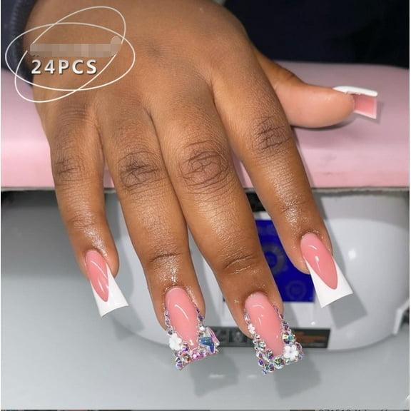 YTTAL French Short Square Press On Nails, Summer False Nails With Cute Flower Pink Design, Glossy Gel Finish Acrylic Nails, Thick Natural Reusable Nail Glue Set For Women, 24 Pieces
