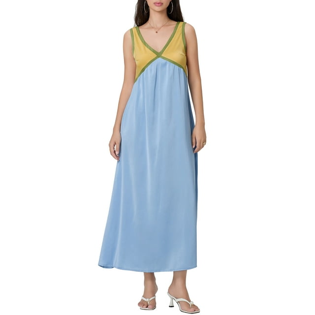 Gupgi Robe Longue pour Femmes Sans Manches à Col en V, Robe Évasée à Couleurs Contrastantes, Robe d'Été Patchwork Ample