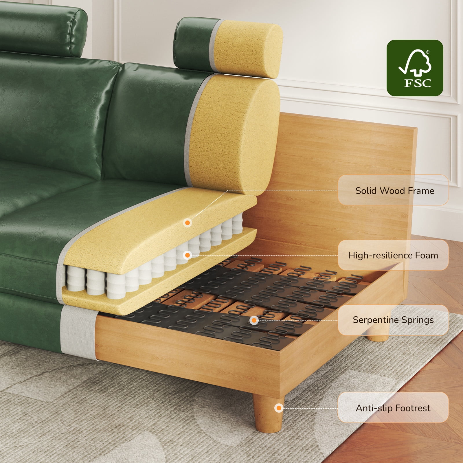 87" Couch Premium PU Leather Sofa with Headrest, Comfy 27" Extra Deep Seat 3 Seater Couch for Living Room, Includes 2 Pillows, Green