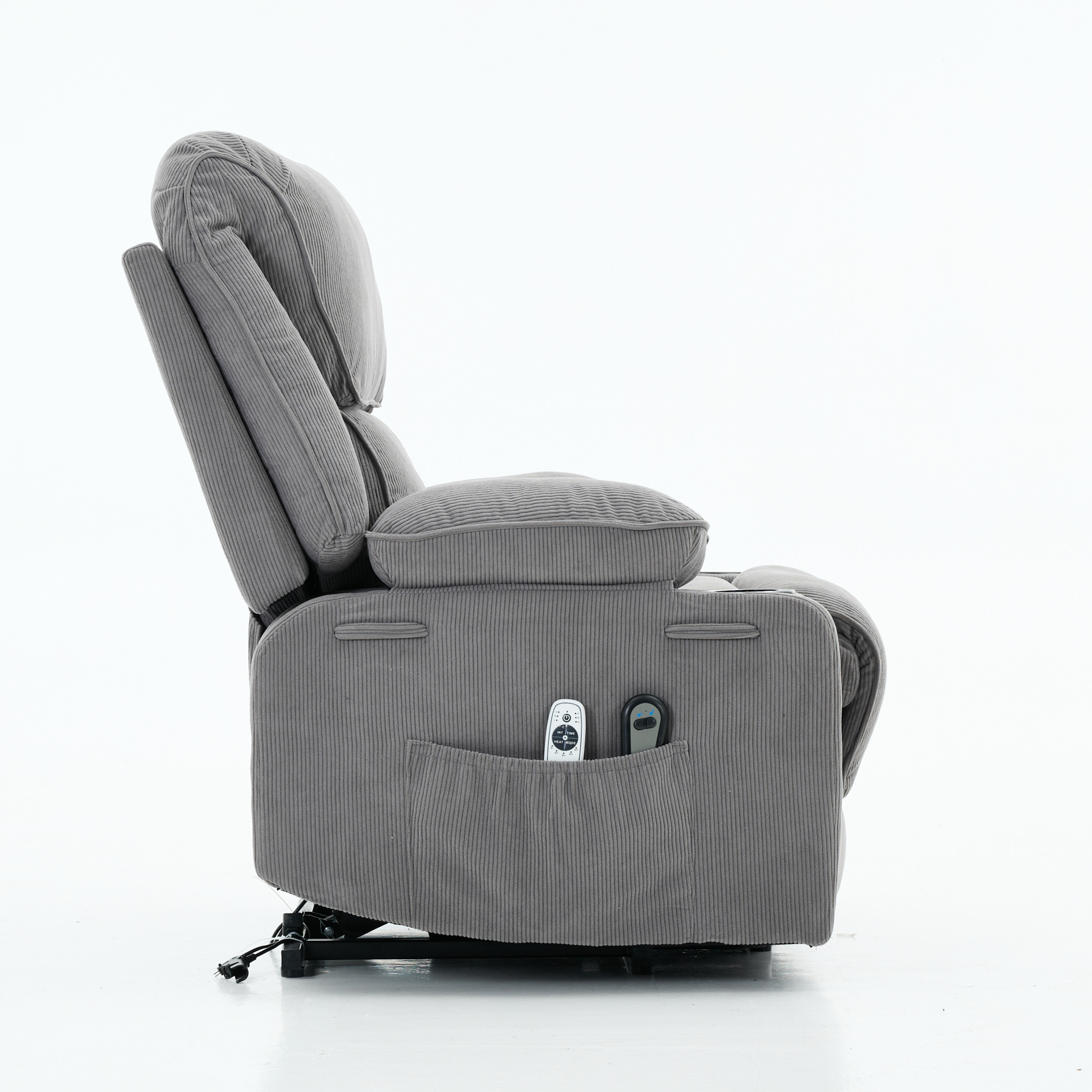 Noble House Corduroy Recliner with Heat & Massage, Remote-Control Assist Chair for Seniors, Gray