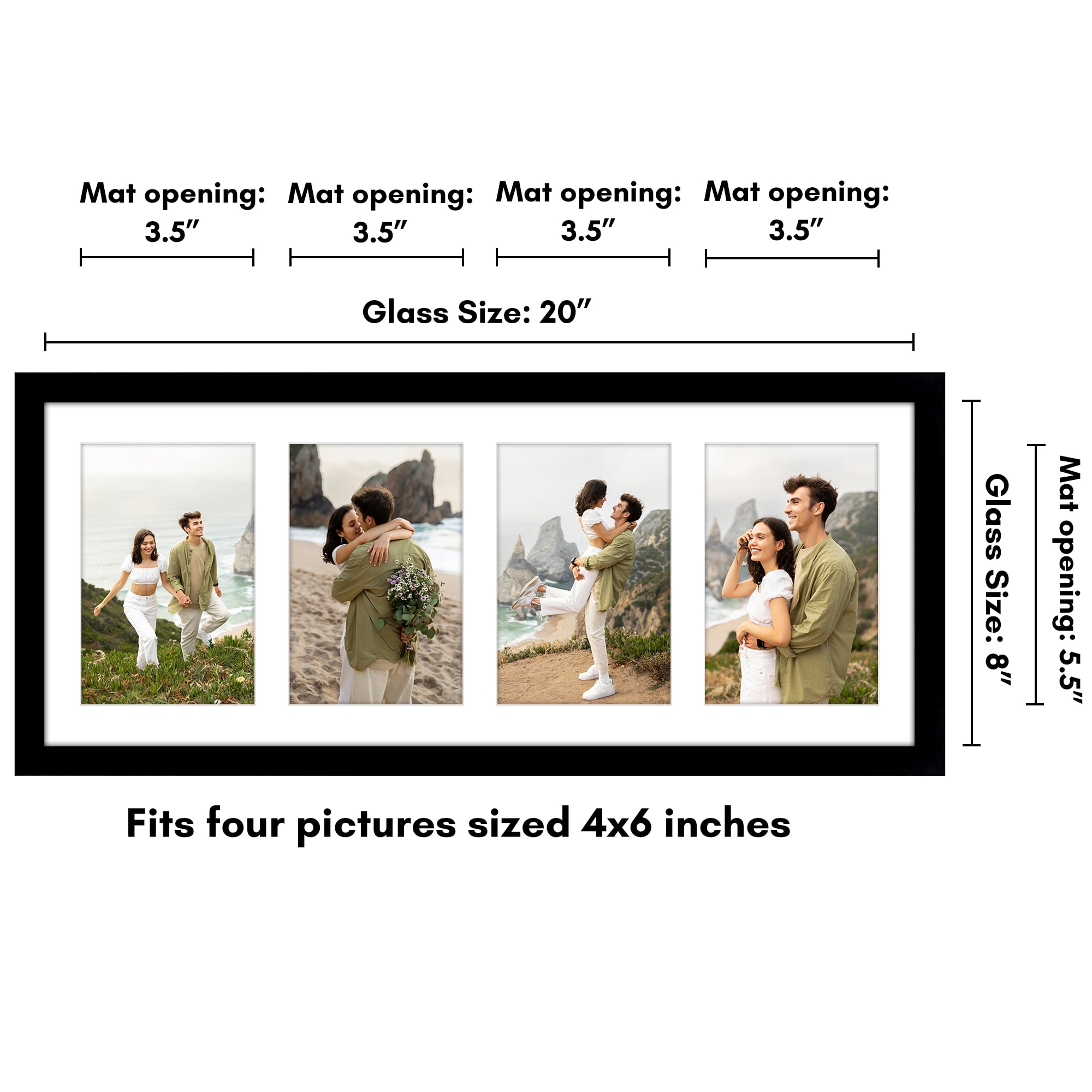 Americanflat 4x6 Picture Frame with Shatter-Resistant Glass Collage Fits 4 Use as One 8x20 Signature - Black