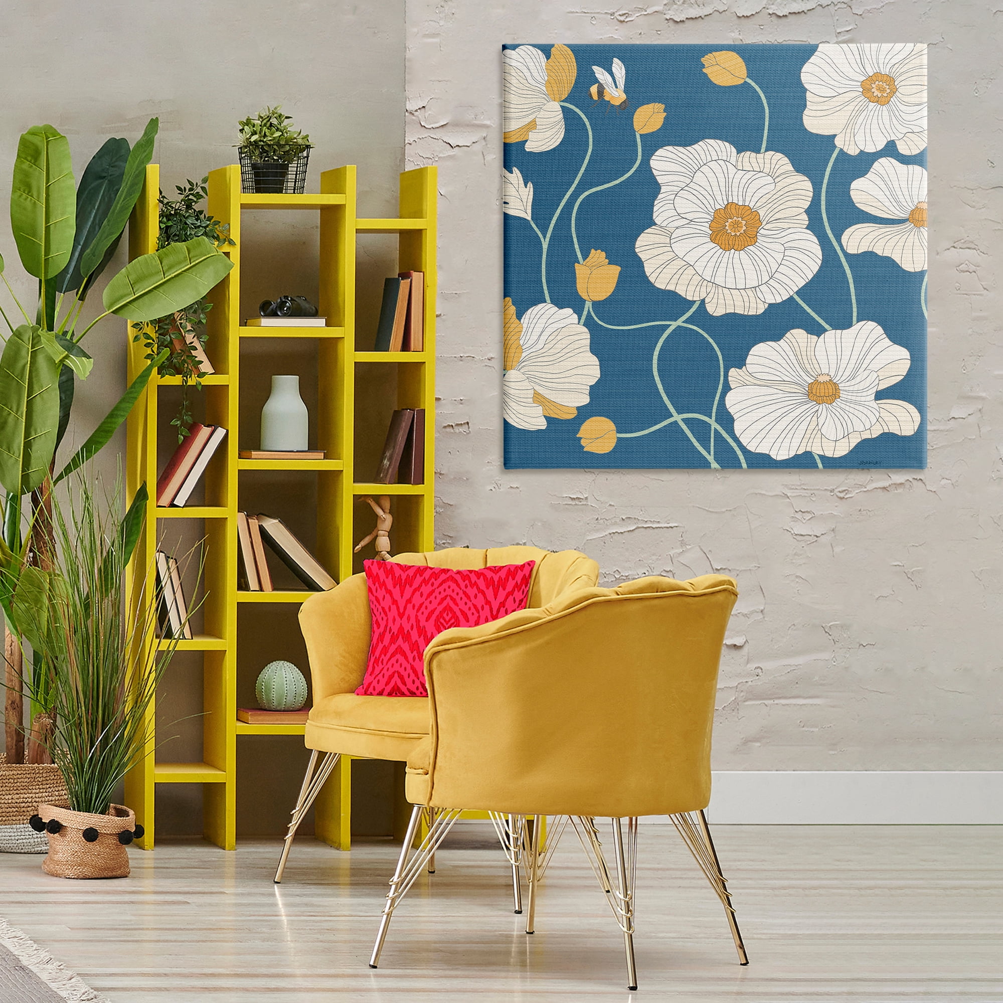 Stupell Industries Bee & White Poppies Plants & Flowers Painting Wrapped Canvas Art Print Wall Art, 36 x 36