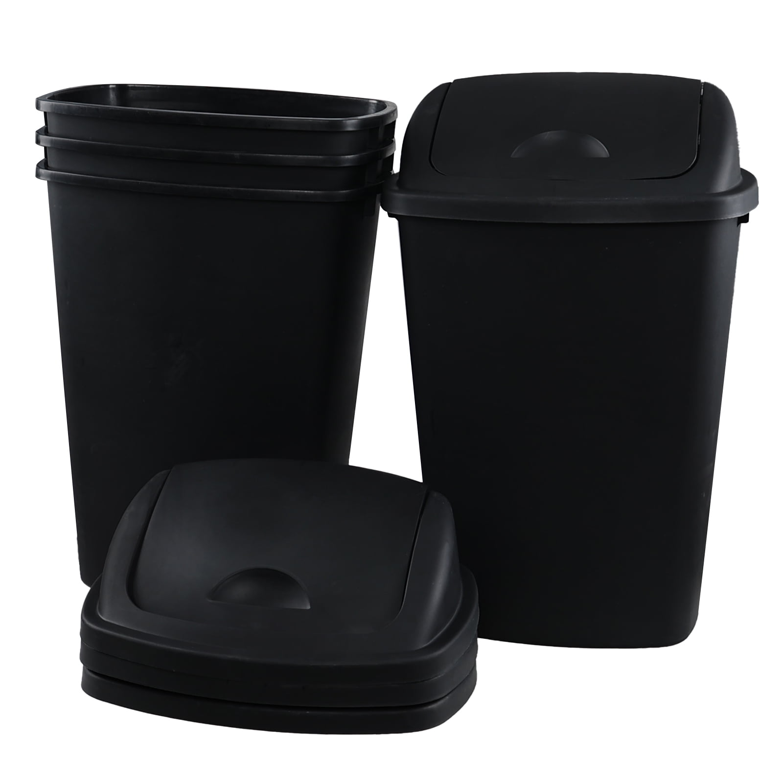 Xowine 13 Gallon Plastic Swing Top Trash Container, 4 Pack Black Plastic Trash Can with Lid for Kitchen