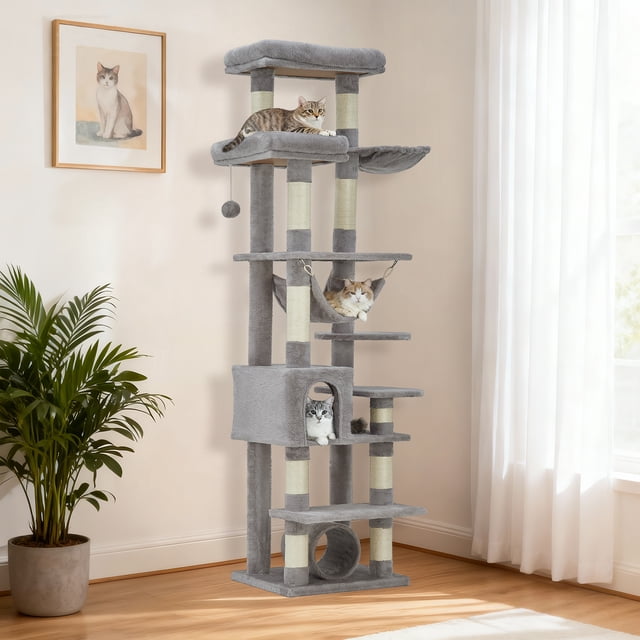 AKDSteel 74" Tall Cat Tree For Large Cat, Heavy Duty Cat Tower With 6 Sisal Scratching Posts, Large Top Perch, Interactive Toys And Cozy Cat House, Perfect For Big Adult Indoor Cats