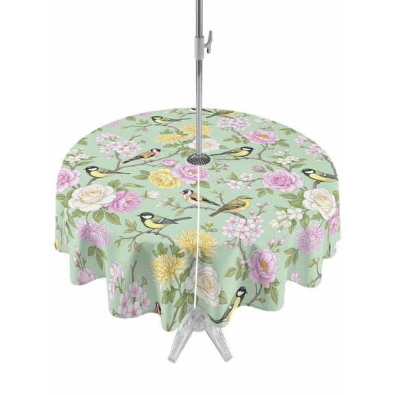 Outdoor Tablecloths with Umbrella Hole & Zipper, Sage Green Spring Floral Round Tablecloths 60 Inch, Elegant Farmhouse Flowers Birds Watercolor Waterproof Table Cloth, Patio/Pool/Picnic Table Covers