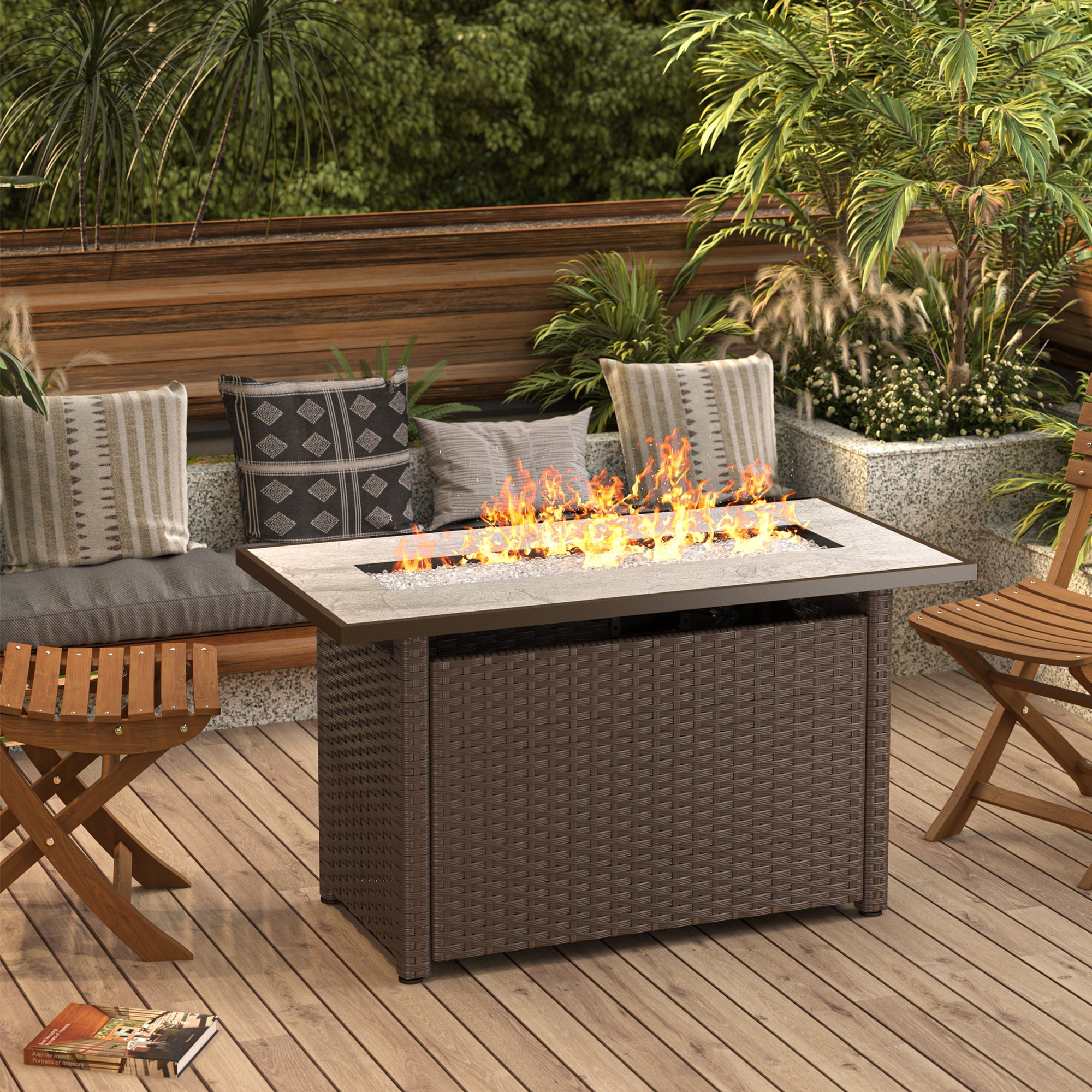 45" Rectangular Propane Fire Pit with Lid, 50,000 BTU Tabletop Fire Pit with Glass Rock, Waterproof Cover and PE Rattan, Brown