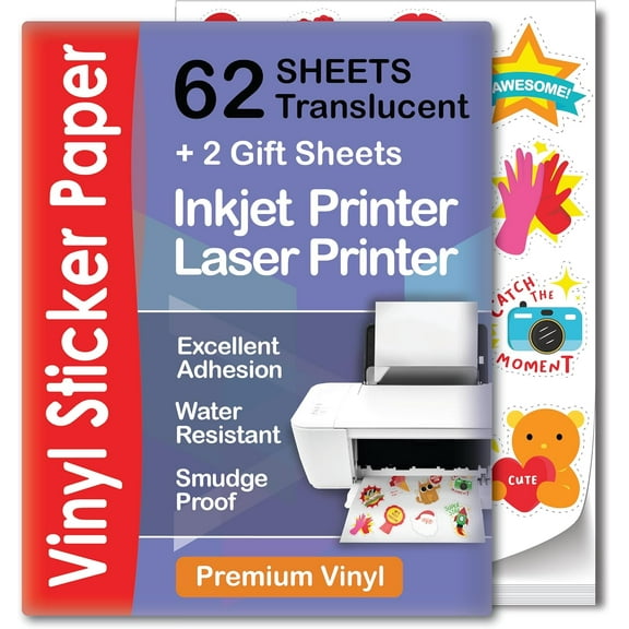 Translucent Semi-Clear Sticker Paper for Inkjet Printer & Laser Printer 62 Sheets - Self-Adhesive Water-Proof, Dries Quickly Vivid Colors, 8 ½ X 11 Inches Holds Ink Well - Tear Resistant