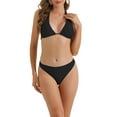 thumbnail image 1 of Conjuntos de bikini de tirantes halter para mujer, 2 piezas, parte inferior triangular con tirantes anchos y lazo en la espalda, trajes de baño medianos en negro, 1 of 5