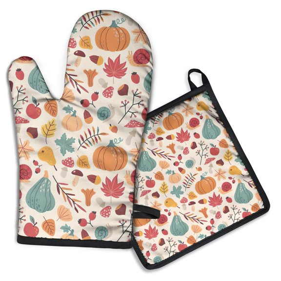 Fall Leaves Pumpkin Kitchen Oven Mitt and Pot Holder Sets 2 Pcs for Baking, Cooking and Grilling, Heat Resistant Up To 392 °F