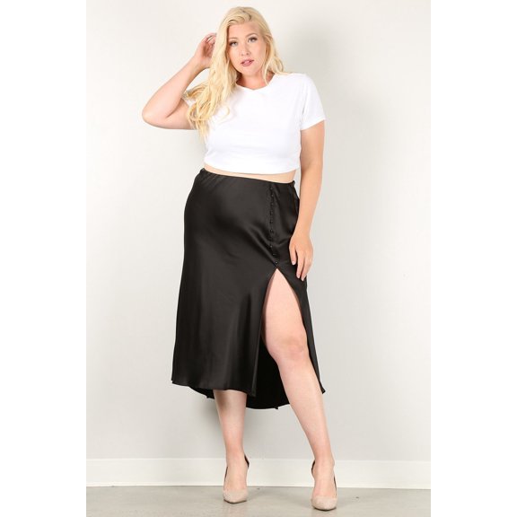 Solid High-waist Skirt With Button Trim And Side Slit