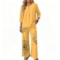 thumbnail image 5 of Vintage Sunflower Sketch Print Two Piece Set for Women, 3/4 Sleeve Button Down Top & Wide Leg Pants - Boho Casual Lounge Outfit with High Waist Trousers Yellow S, 5 of 7