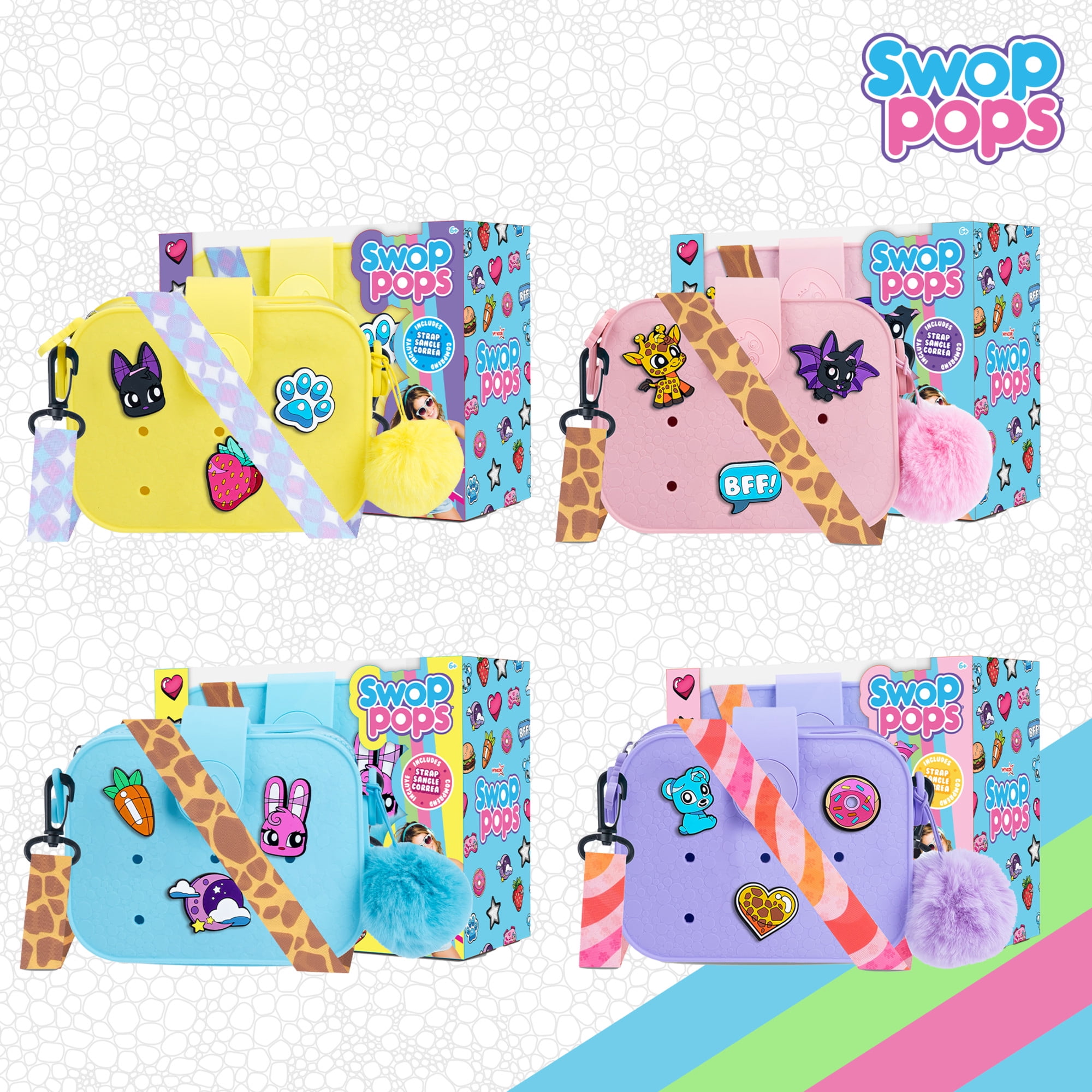 Swop Pop Ultimate Handbag Set - Fashion Play Toy with Pops, Badges, Strap & Fluffy Pompom - Girls Mix & Match Toy for Creative Expression, Trendy Dress Up Purse & Collectible Bag for Kids (Purple)