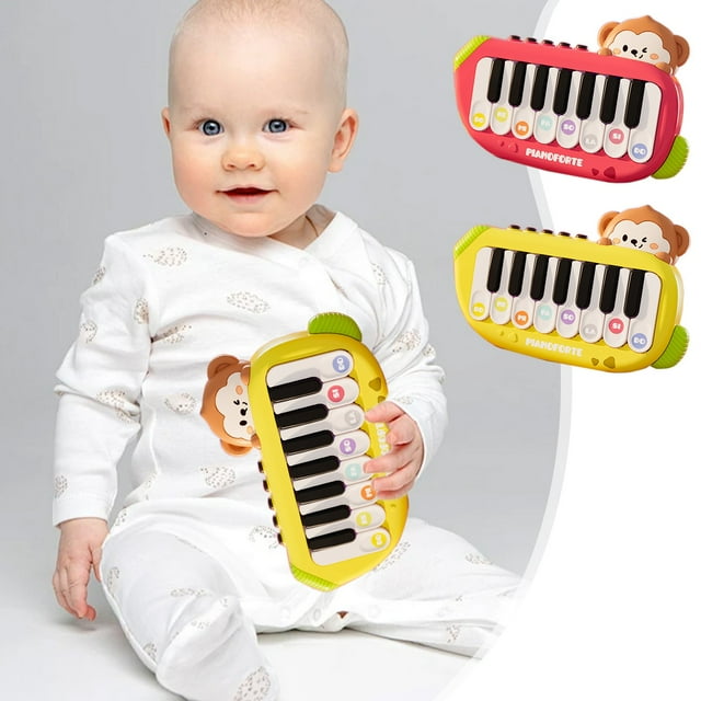 Mini Piano Toy Keyboard | Multifunctional Musical Learning Instrument for Early Development | Handheld Portable Design | Lights & Music | Animal Sounds | Plastic | Yellow/Red | 16x10cm