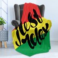 thumbnail image 4 of Saying Soft Flannel Fleece Blanket, Rastafarian Design Just Relax Message on Vermilion Yellow and Green Stripe Backdrop, Cozy Plush for Indoor and Outdoor Use, 60" x 80", Multicolor, by Ambesonne, 4 of 5